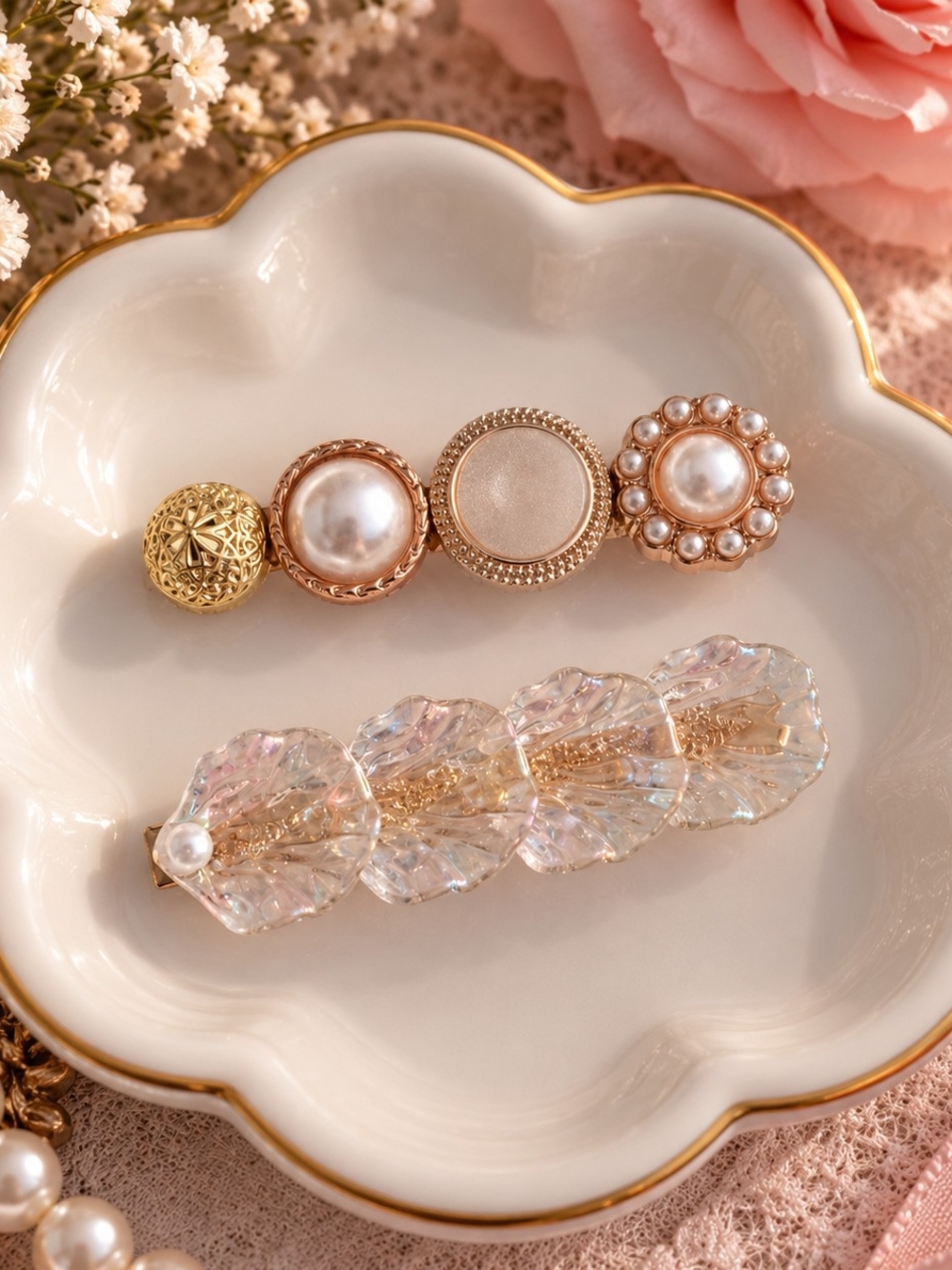 Elegant Pearl & Crystal Hair Clips - Gold and Clear Sea Shell Oyster New